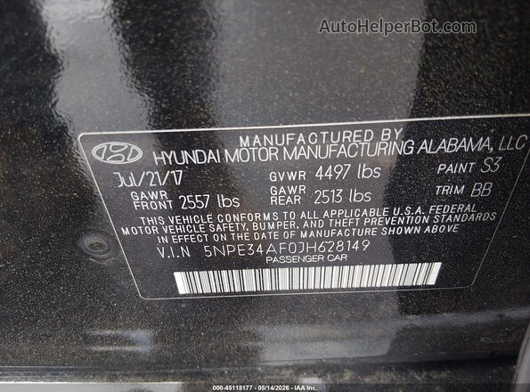 5NPE34AF0JH628149 2018 HYUNDAI SONATA Black 