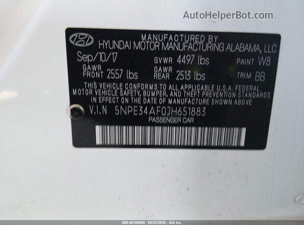 5NPE34AF0JH651883 2018 HYUNDAI SONATA White ძრავის განყოფილების ხედი