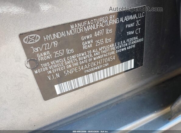 5NPE34AF0KH770454 2019 HYUNDAI SONATA Gray Engine compartment view
