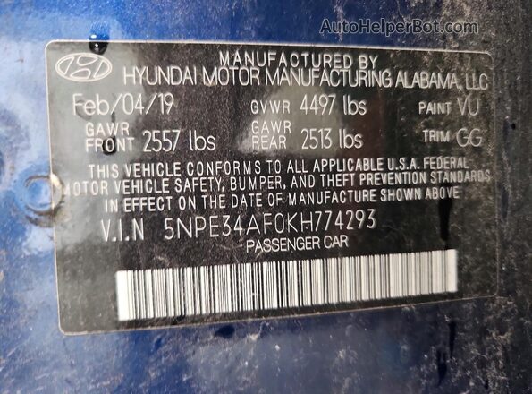 5NPE34AF0KH774293 2019 HYUNDAI SONATA Blue 
