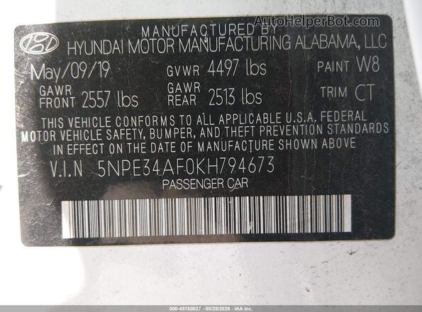 5NPE34AF0KH794673 2019 HYUNDAI SONATA White 