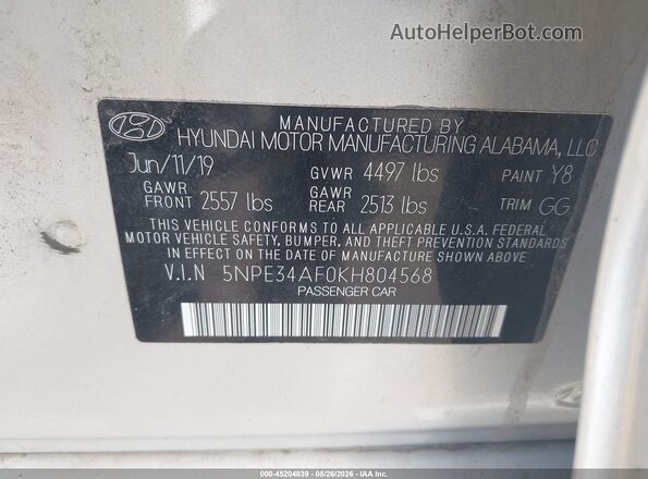 5NPE34AF0KH804568 2019 HYUNDAI SONATA Silver Շարժիչի բաժամունքի տեսք