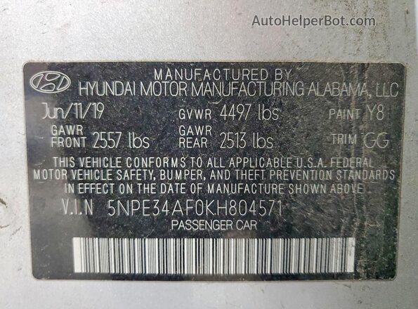 5NPE34AF0KH804571 2019 HYUNDAI SONATA Silver ძრავის განყოფილების ხედი