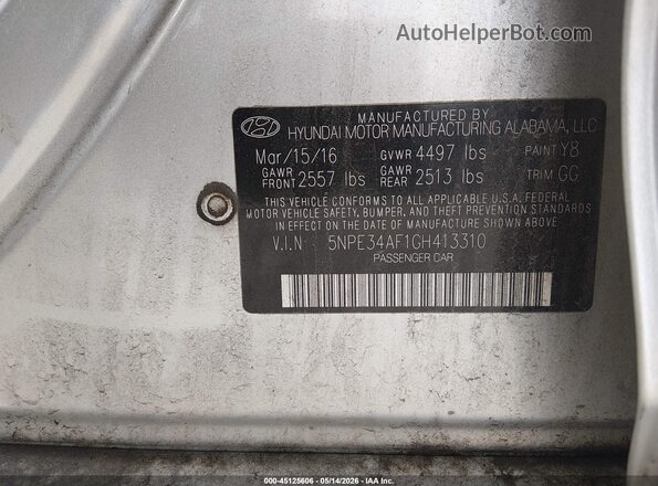 5NPE34AF1GH413310 2016 HYUNDAI SONATA Silver Вид підкапотного простору