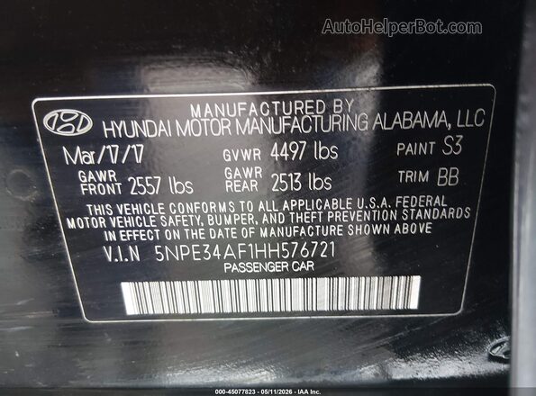5NPE34AF1HH576721 2017 HYUNDAI SONATA Black 