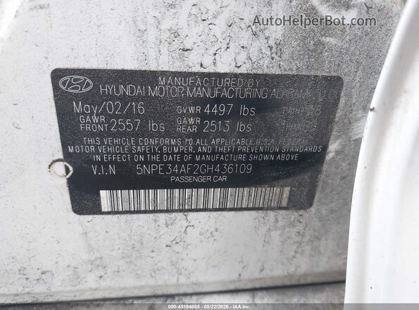 5NPE34AF2GH436109 2016 HYUNDAI SONATA White Вид підкапотного простору