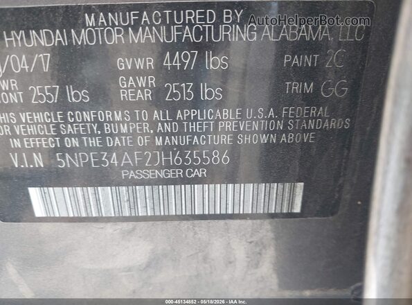 5NPE34AF2JH635586 2018 HYUNDAI SONATA Gray Շարժիչի բաժամունքի տեսք