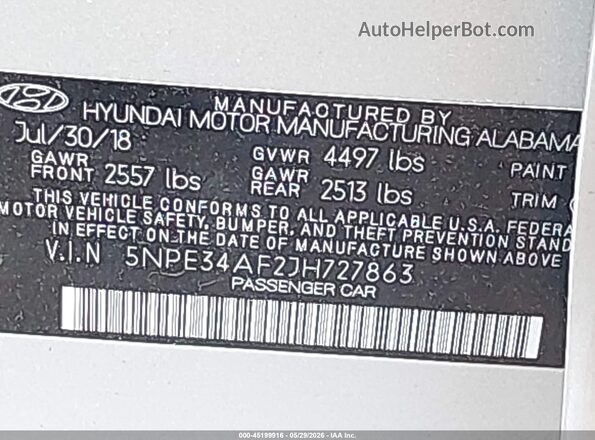 5NPE34AF2JH727863 2018 HYUNDAI SONATA Серебряный Вид подкапотного пространства
