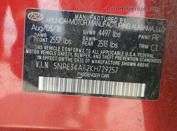 5NPE34AF2KH729257 2019 HYUNDAI SONATA Red 