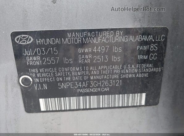 5NPE34AF3GH263121 2016 HYUNDAI SONATA Silver ძრავის განყოფილების ხედი