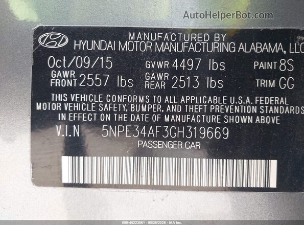 5NPE34AF3GH319669 2016 HYUNDAI SONATA Gray Вид підкапотного простору