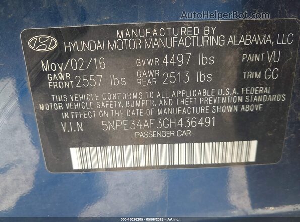 5NPE34AF3GH436491 2016 HYUNDAI SONATA Blue 