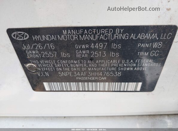 5NPE34AF3HH476538 2017 HYUNDAI SONATA Белый Вид подкапотного пространства
