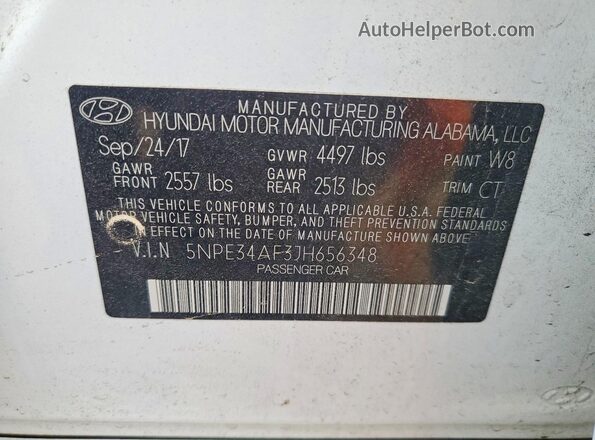 5NPE34AF3JH656348 2018 HYUNDAI SONATA White 