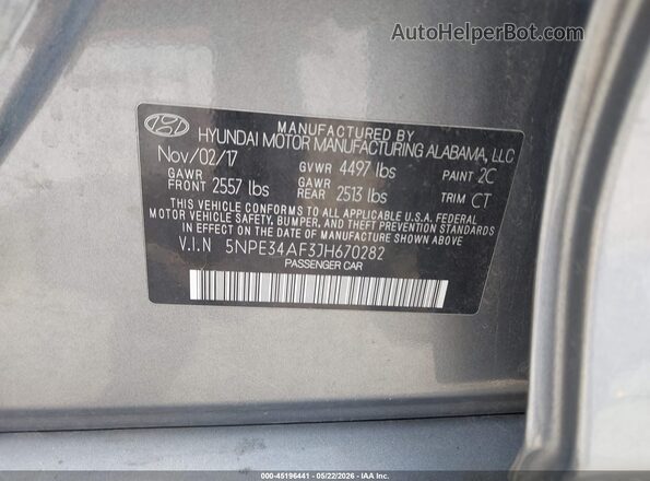 5NPE34AF3JH670282 2018 HYUNDAI SONATA Gray Widok komory silnika