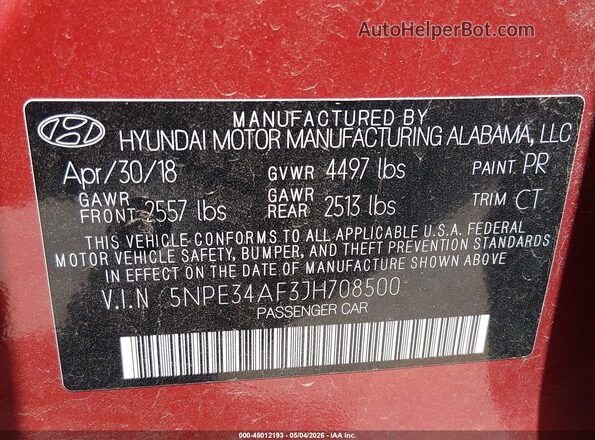 5NPE34AF3JH708500 2018 HYUNDAI SONATA Burgundy 