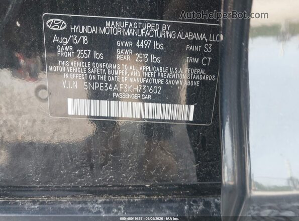 5NPE34AF3KH731602 2019 HYUNDAI SONATA Черный 