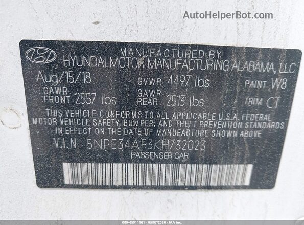5NPE34AF3KH732023 2019 HYUNDAI SONATA White Vista del compartimento del motor