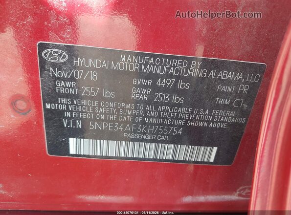 5NPE34AF3KH755754 2019 HYUNDAI SONATA Red Engine compartment view