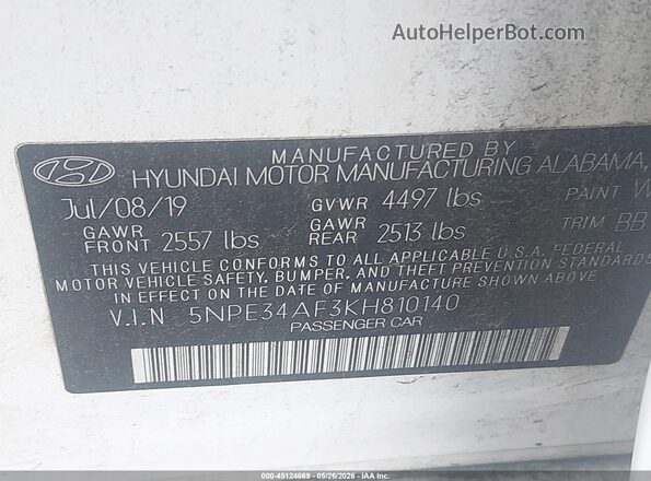 5NPE34AF3KH810140 2019 HYUNDAI SONATA White 