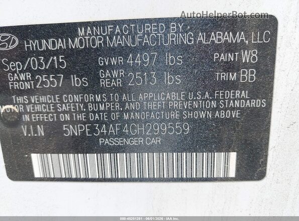 5NPE34AF4GH299559 2016 HYUNDAI SONATA White Вид підкапотного простору