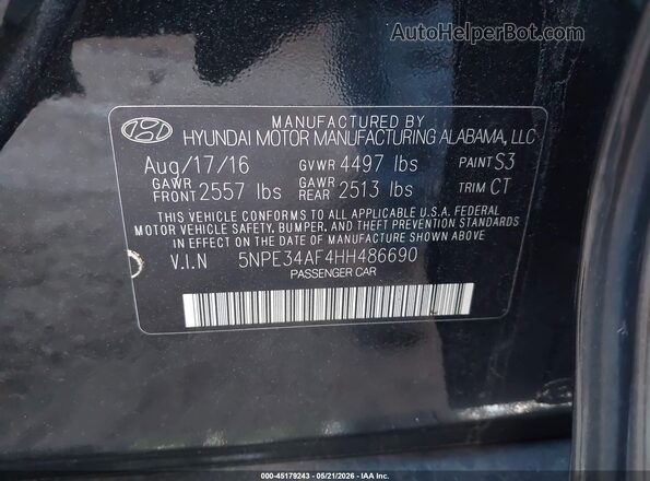 5NPE34AF4HH486690 2017 HYUNDAI SONATA Black Widok komory silnika