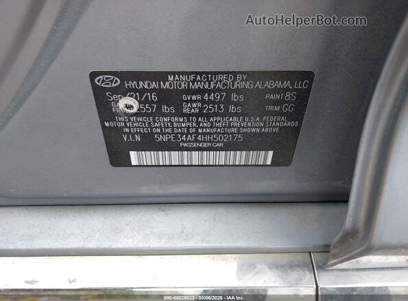 5NPE34AF4HH502175 2017 HYUNDAI SONATA Silver Widok komory silnika