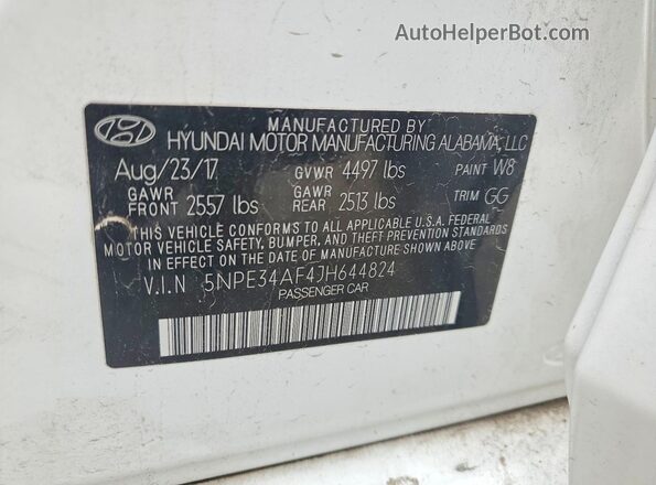 5NPE34AF4JH644824 2018 HYUNDAI SONATA White Widok naklejki z numerem VIN