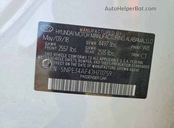 5NPE34AF4JH711759 2018 HYUNDAI SONATA White 