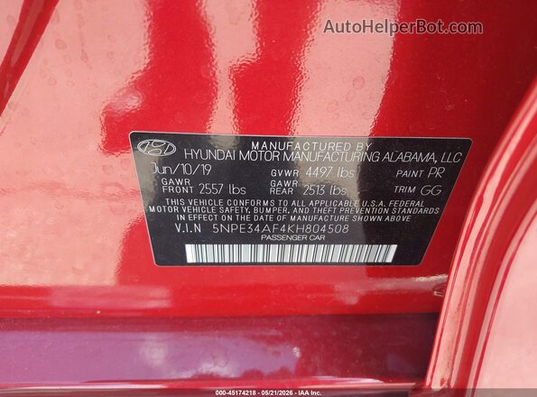 5NPE34AF4KH804508 2019 HYUNDAI SONATA Red 