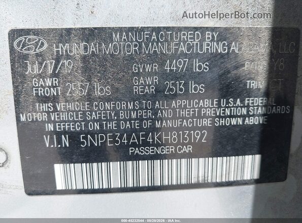 5NPE34AF4KH813192 2019 HYUNDAI SONATA Серебряный Вид подкапотного пространства
