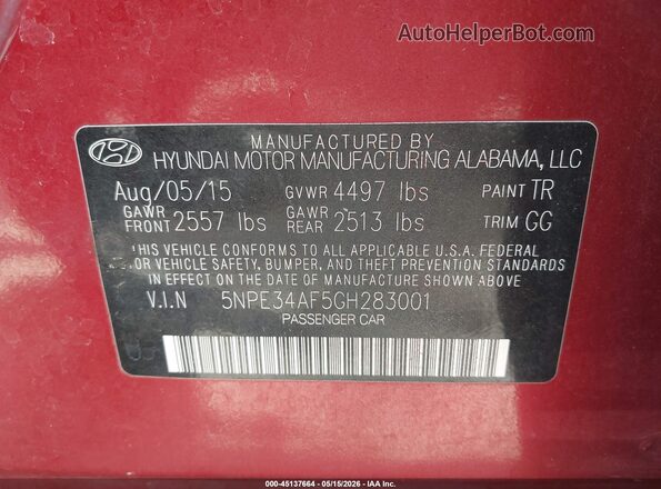 5NPE34AF5GH283001 2016 HYUNDAI SONATA Red 