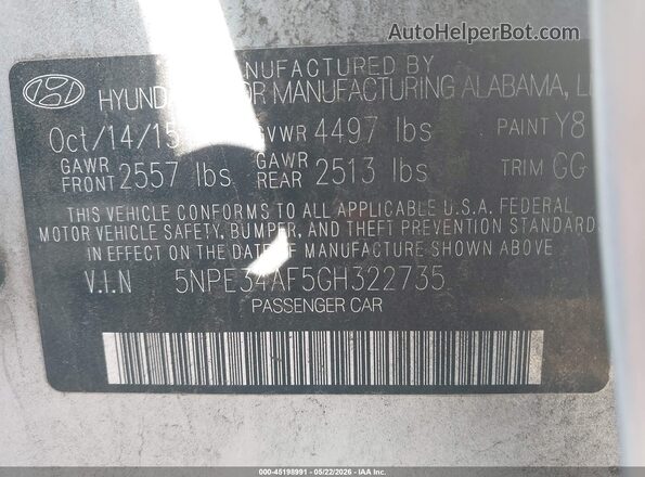 5NPE34AF5GH322735 2016 HYUNDAI SONATA Silver 