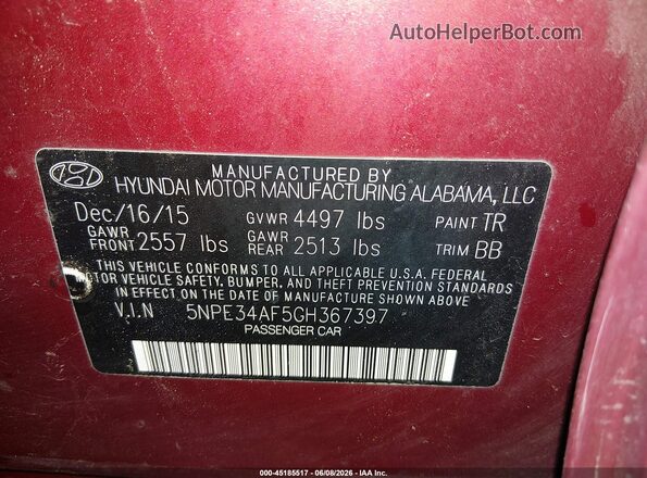 5NPE34AF5GH367397 2016 HYUNDAI SONATA Red Widok komory silnika