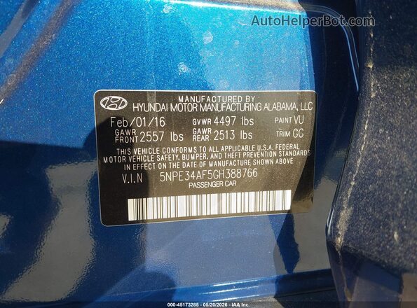 5NPE34AF5GH388766 2016 HYUNDAI SONATA Синий 