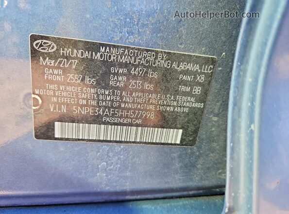 5NPE34AF5HH577998 2017 HYUNDAI SONATA Blue Вид наклейки з VIN-кодом