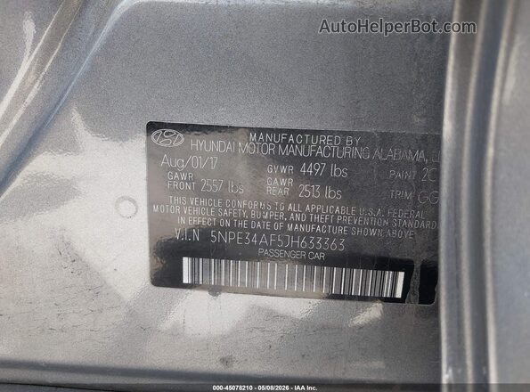 5NPE34AF5JH633363 2018 HYUNDAI SONATA Gray Widok komory silnika