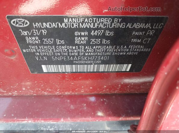 5NPE34AF5KH773401 2019 HYUNDAI SONATA Red Vista del compartimento del motor