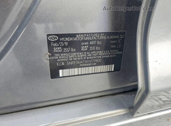 5NPE34AF5KH779800 2019 HYUNDAI SONATA Серый Вид наклейки с VIN-кодом