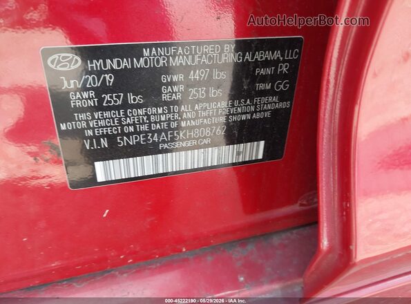 5NPE34AF5KH808762 2019 HYUNDAI SONATA Red Engine compartment view