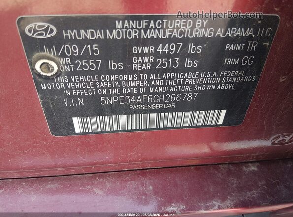 5NPE34AF6GH266787 2016 HYUNDAI SONATA Red Engine compartment view