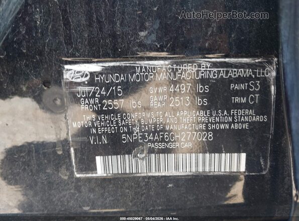 5NPE34AF6GH277028 2016 HYUNDAI SONATA Черный Вид подкапотного пространства
