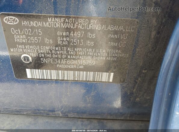 5NPE34AF6GH315759 2016 HYUNDAI SONATA Blue 
