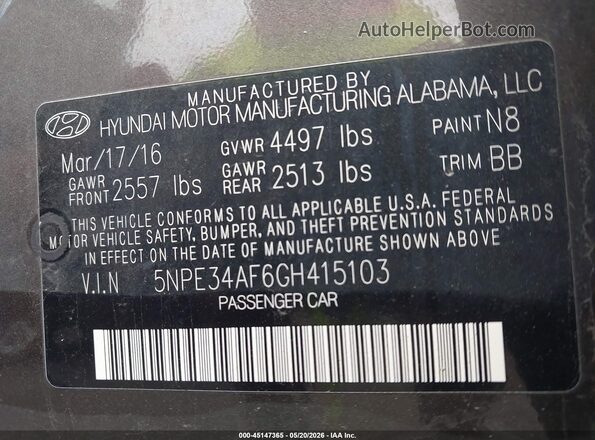 5NPE34AF6GH415103 2016 HYUNDAI SONATA Brown Engine compartment view