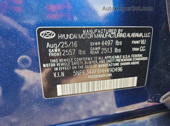 5NPE34AF6HH490496 2017 HYUNDAI SONATA Blue VIN კოდის სტიკერის ხედი