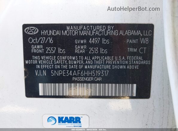 5NPE34AF6HH519317 2017 HYUNDAI SONATA White ძრავის განყოფილების ხედი