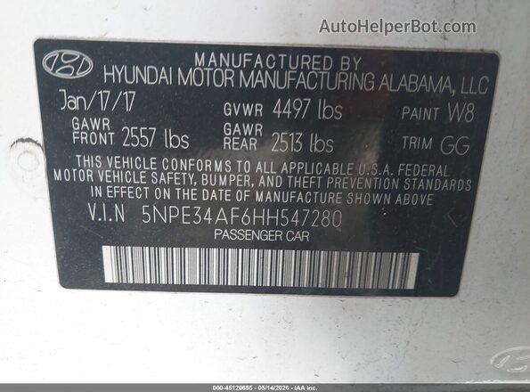 5NPE34AF6HH547280 2017 HYUNDAI SONATA White ძრავის განყოფილების ხედი