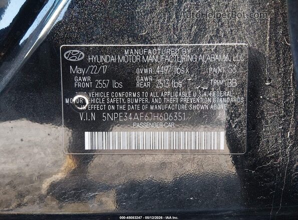 5NPE34AF6JH606351 2018 HYUNDAI SONATA Black Vista del compartimento del motor