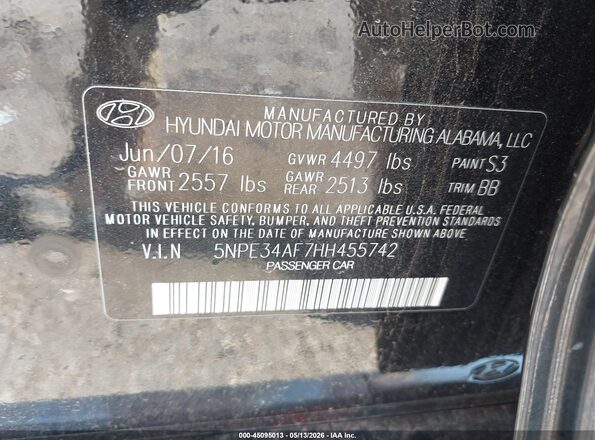 5NPE34AF7HH455742 2017 HYUNDAI SONATA Black Widok komory silnika