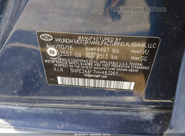 5NPE34AF7HH483265 2017 HYUNDAI SONATA Blue Widok komory silnika